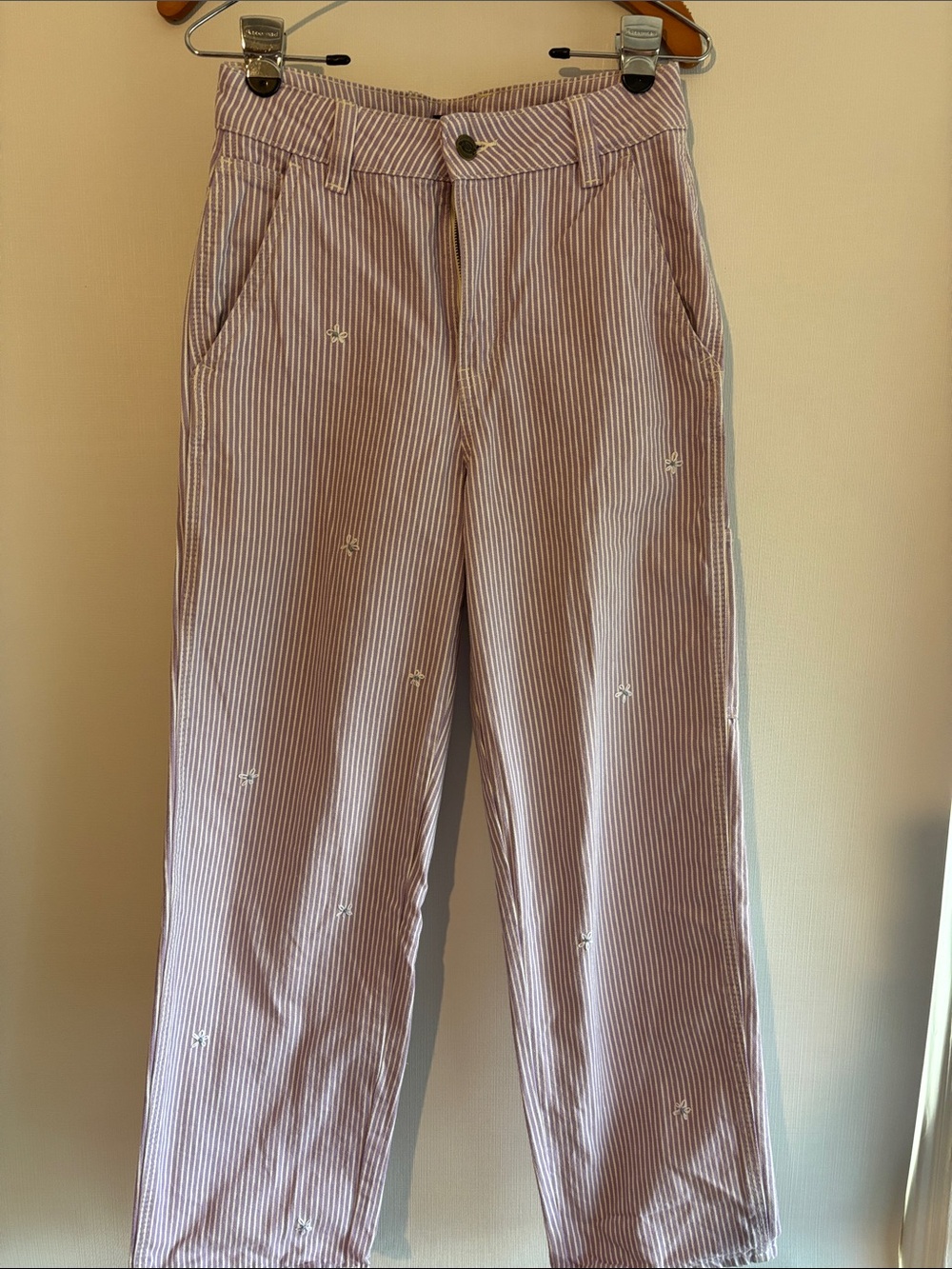 Dickies lavender & White Striped Chinos, with hand embroidered daises